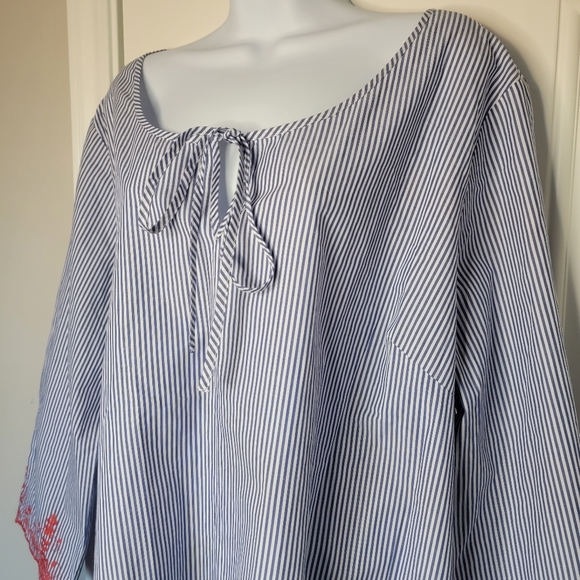 NWT Long Tall Sally Blue White Stripe Red Embroidered Blouse US 18 UK 22 - Picture 2 of 9